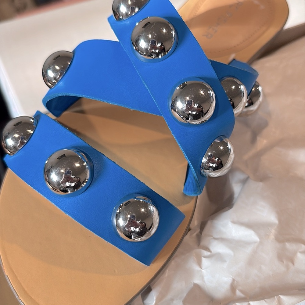 NIB [Marc Fisher] Bryte 2 Slip-On Studded Slide Flat Sandals Blue Women’s 6.5 - Picture 6 of 11